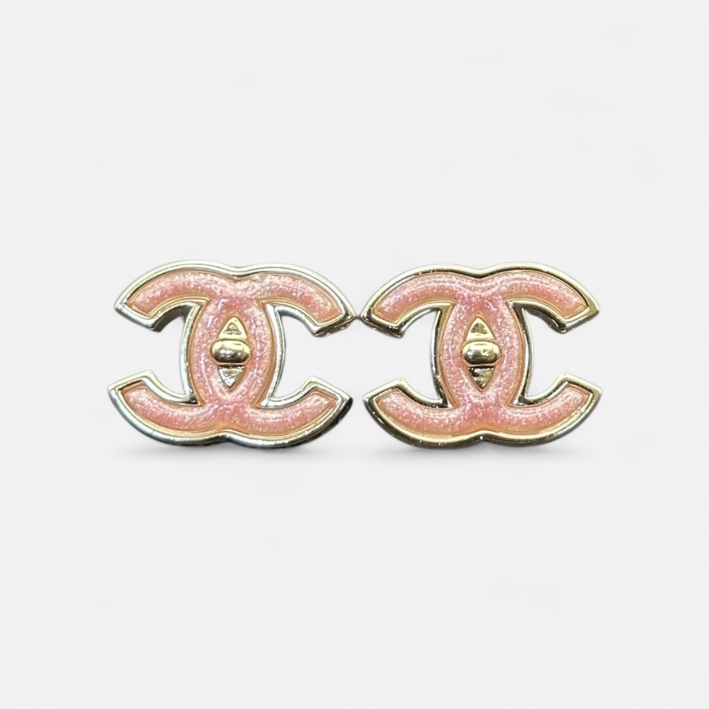 Chanel Pink Enamel CC Logo Stud Earrings Gold Tone
